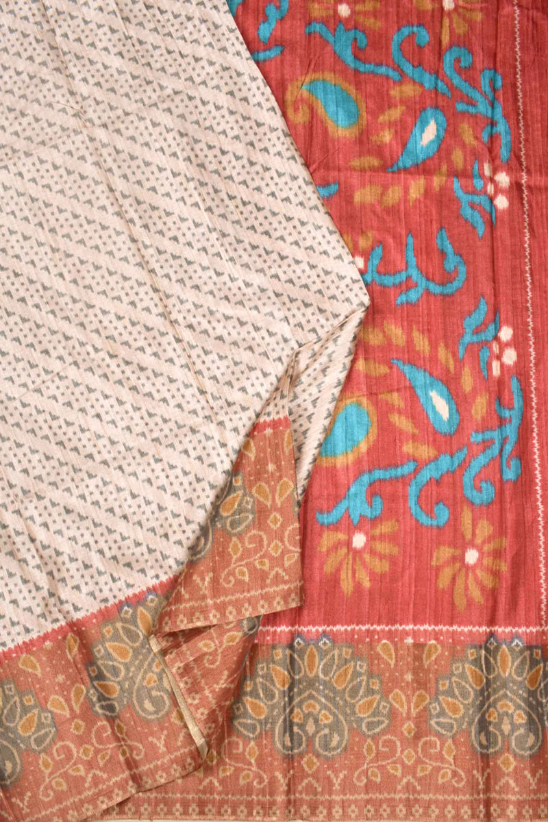 Off White With Pink Kotha Cotton Ikat Style Design Contrast Pallu Print Saree