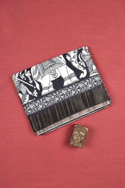 Black With White Kotha Cotton Ethnic Elephant Print Art Pallu Saree