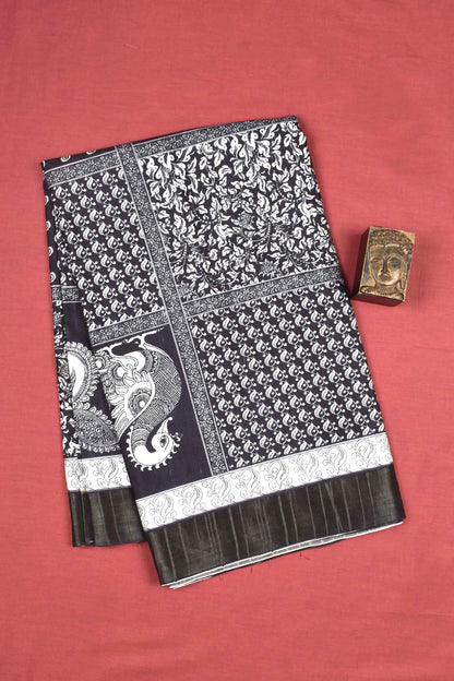 Black With White  Kotha Cotton Digital Swan Frames Fancy Saree