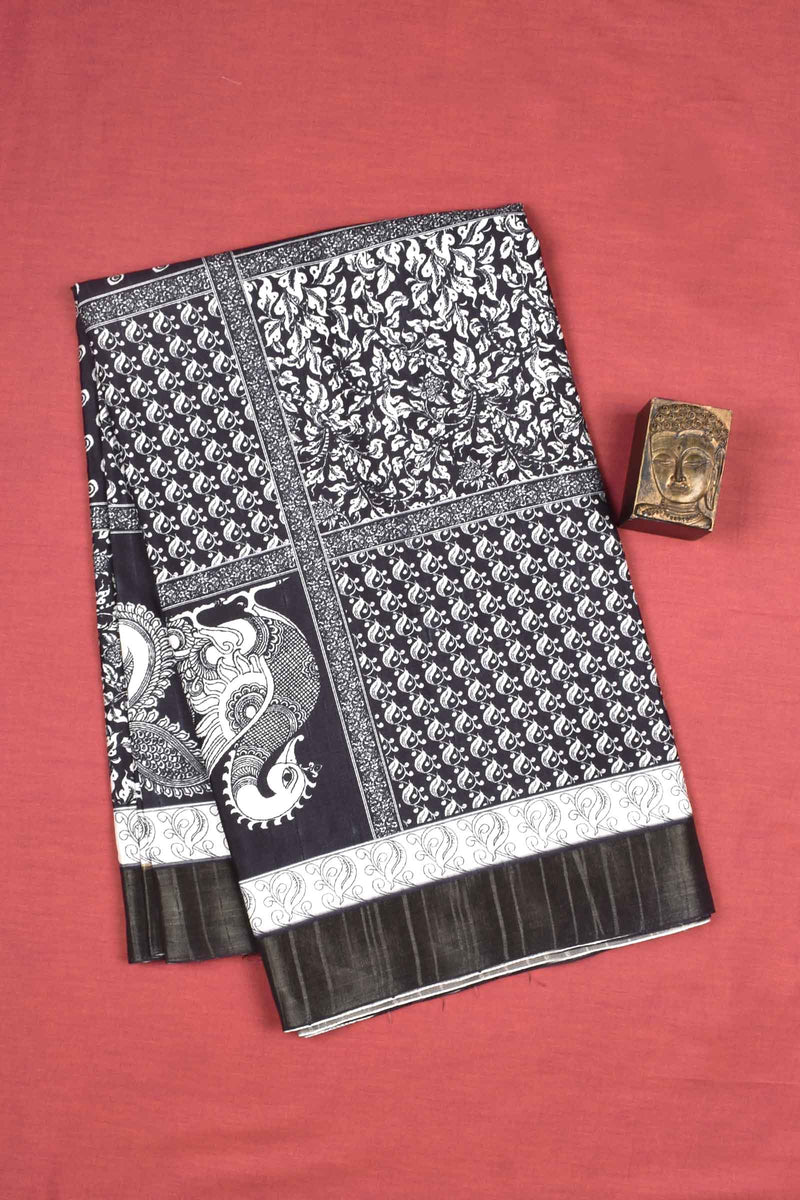 Black With White  Kotha Cotton Digital Swan Frames Fancy Saree