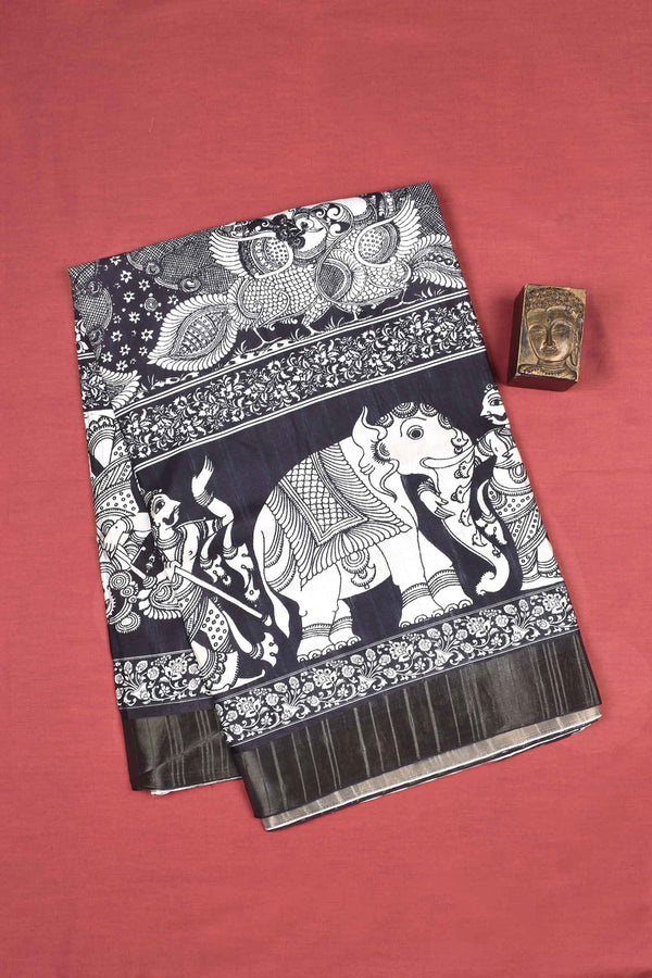 Black With White Kotha Cotton Ethnic Elephant Print Art Pallu Saree