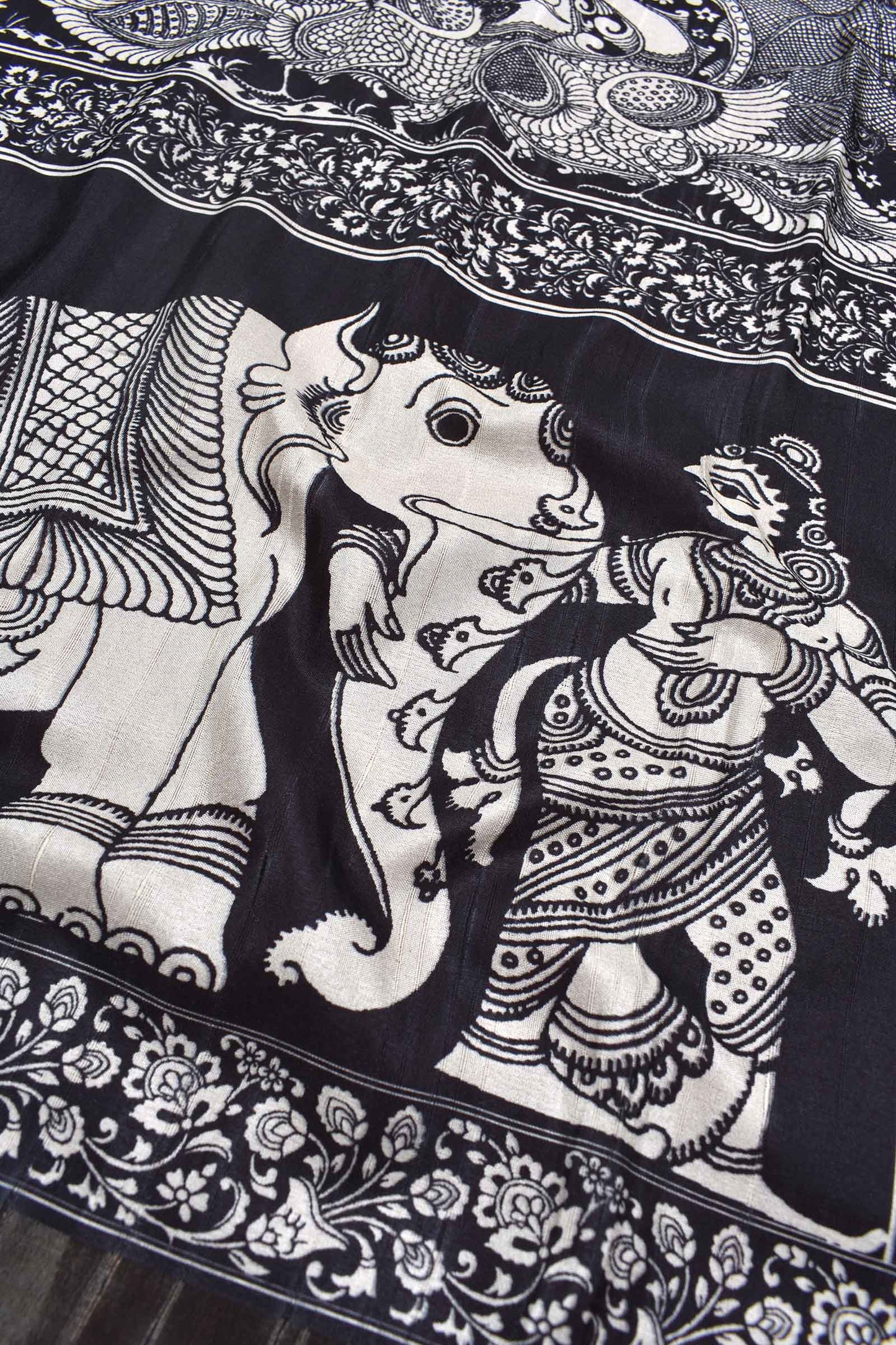 Black With White Kotha Cotton Ethnic Elephant Print Art Pallu Saree