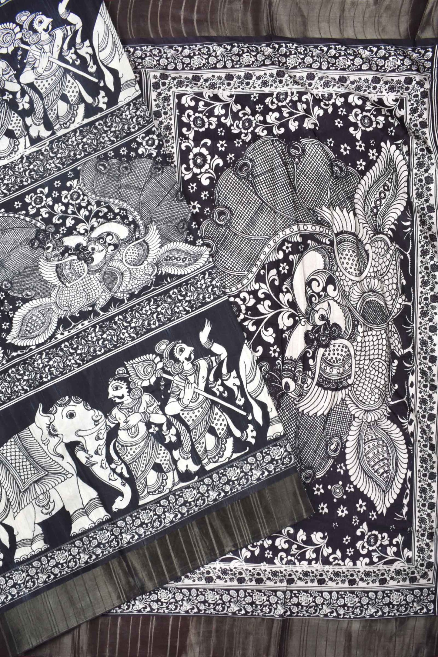 Black With White Kotha Cotton Ethnic Elephant Print Art Pallu Saree