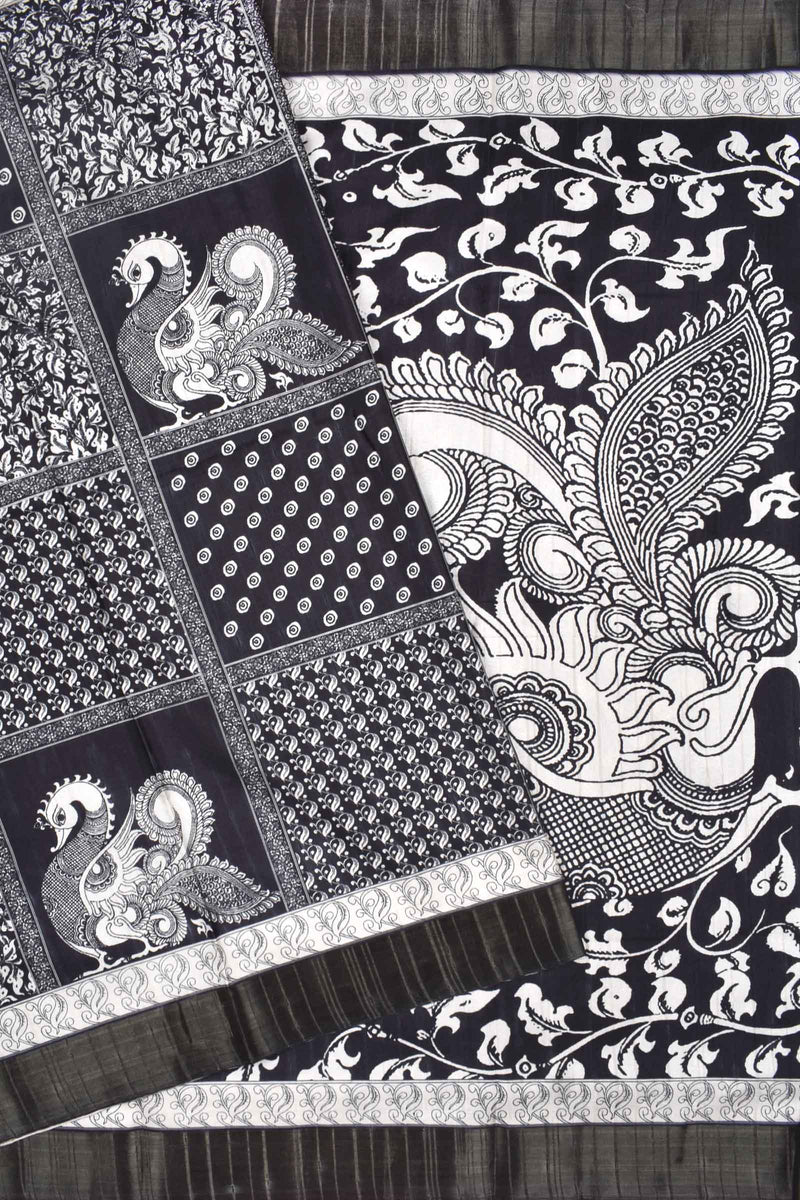 Black With White  Kotha Cotton Digital Swan Frames Fancy Saree