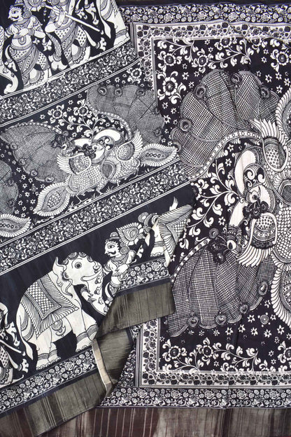 Black With White Kotha Cotton Ethnic Elephant Print Art Pallu Saree