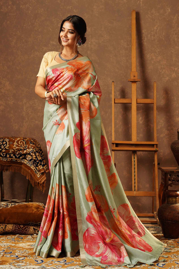 Light Green Semi Tussur  Hibiscus Theme with Printed Blouse Saree