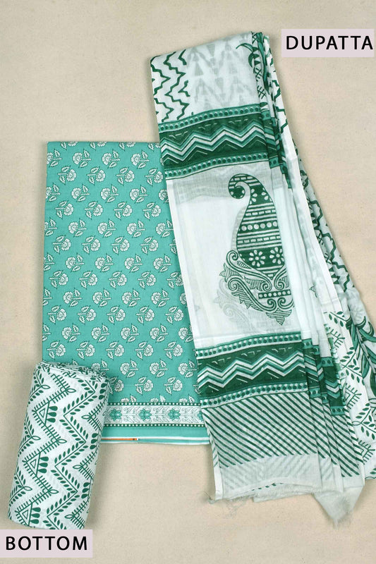 Light Green With White Jaipur Cotton All Over Block Printed Chudidhar Material Suit