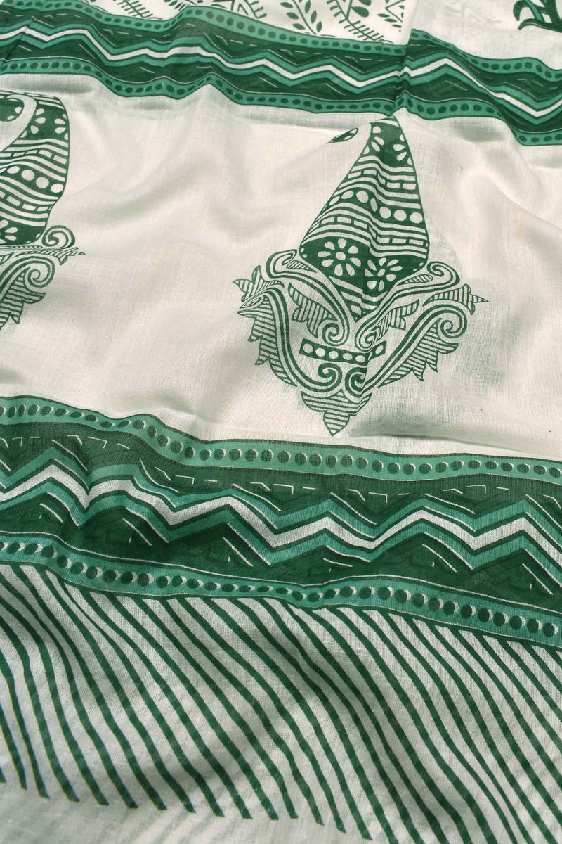 Light Green With White Jaipur Cotton All Over Block Printed Chudidhar Material Suit