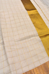 Off White Kerala Cotton Checkered Design Traditional Border Saree