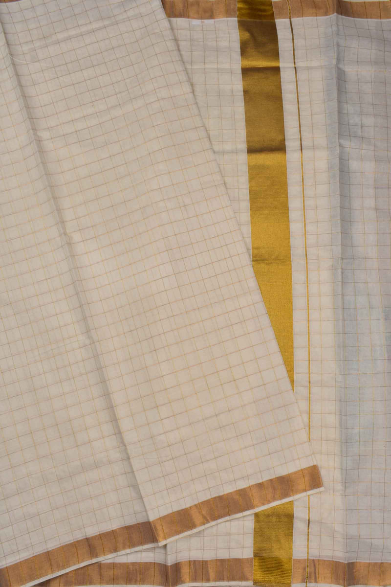 Off White Kerala Cotton Checkered Design Traditional Border Saree