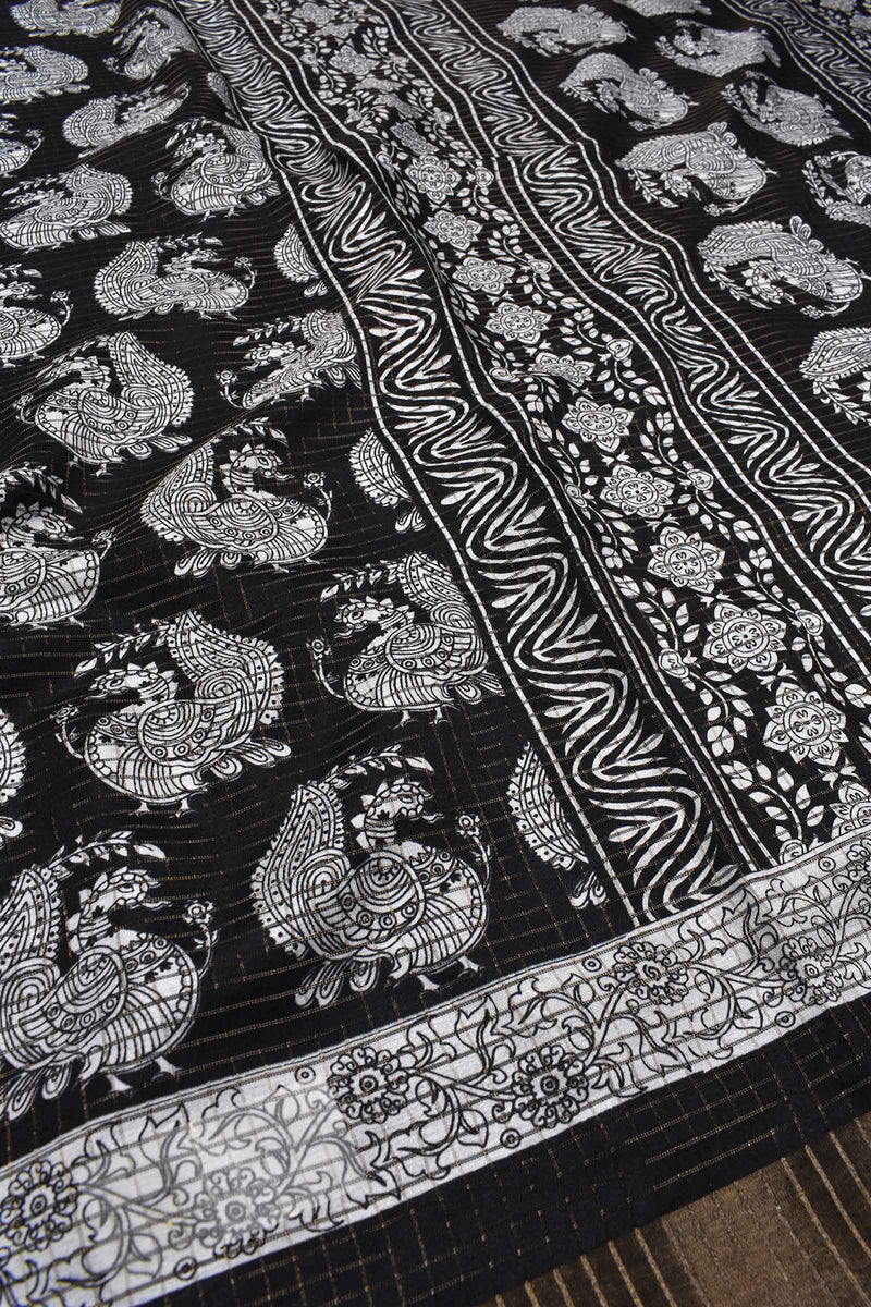 Black and White Semi Dola All Over Peacocks Printed Saree