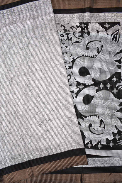 White and Black Semi Dola Zari Checks Pichwai Lotus Peacock Pallu Saree