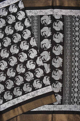 Black and White Semi Dola All Over Peacocks Printed Saree