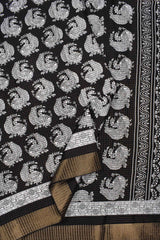 Black and White Semi Dola All Over Peacocks Printed Saree