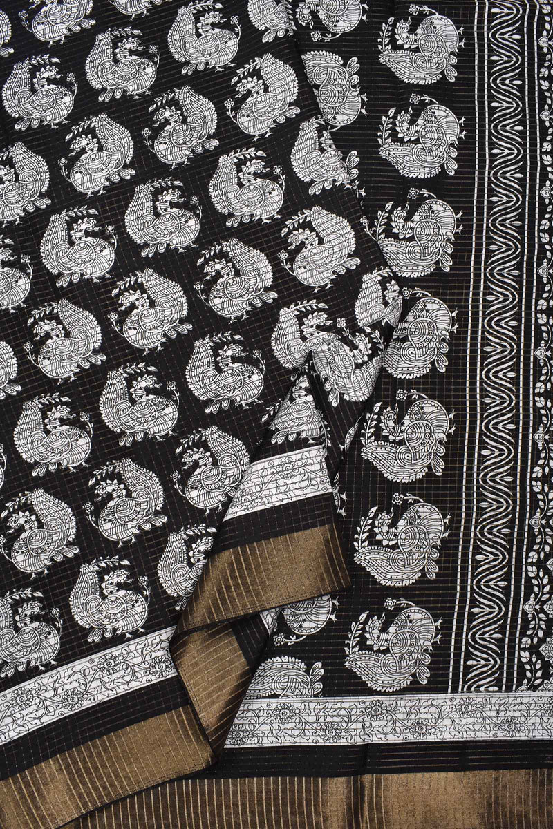 Black and White Semi Dola All Over Peacocks Printed Saree