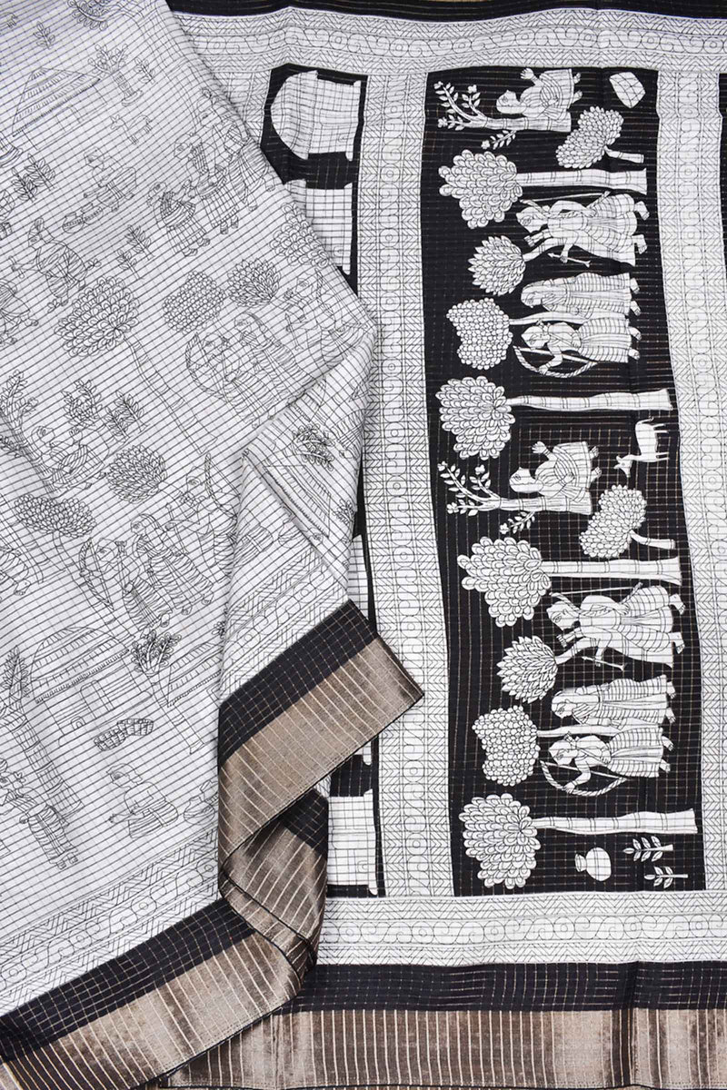 White and Black Semi Dola Zari Checks Village Scenes Printed Saree