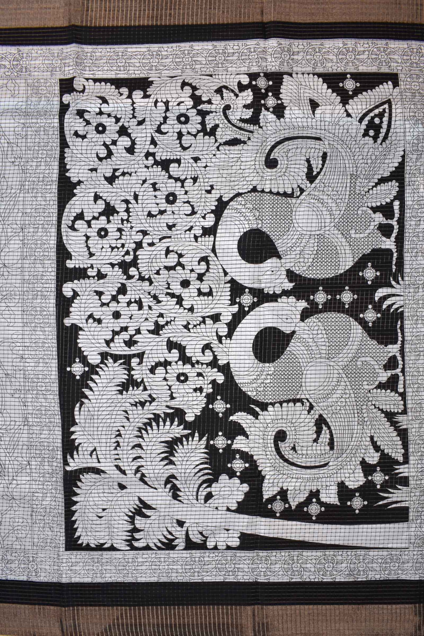 White and Black Semi Dola Zari Checks Pichwai Lotus Peacock Pallu Saree