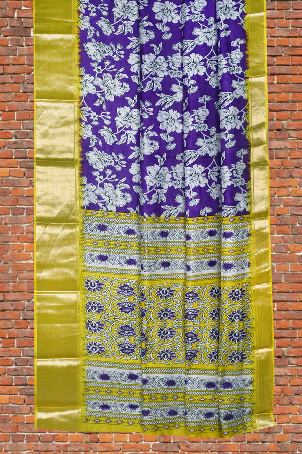 Violet Semi Dola Floral Printed Yellow Border Saree