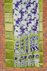 Violet and White Semi Dola All Over Royal Cow Printed Ethnic Pallu Green Border Saree