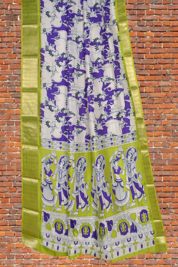 Violet and White Semi Dola All Over Royal Cow Printed Green Border Saree