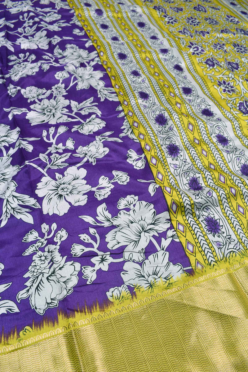 Violet Semi Dola Floral Printed Yellow Border Saree