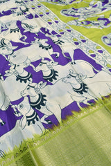 Violet and White Semi Dola All Over Royal Cow Printed Ethnic Pallu Green Border Saree