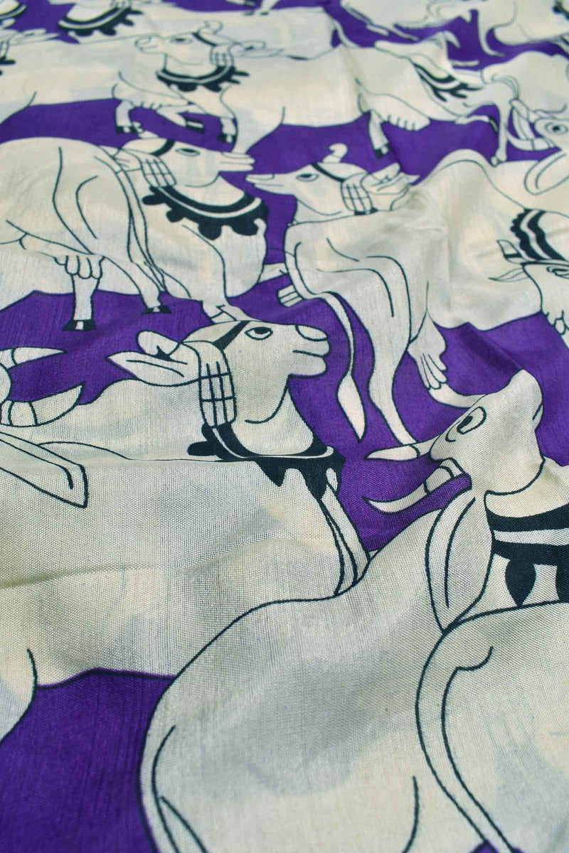 Violet and White Semi Dola All Over Royal Cow Printed Ethnic Pallu Green Border Saree