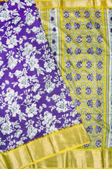 Violet Semi Dola Floral Printed Yellow Border Saree