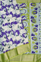 Violet and White Semi Dola All Over Royal Cow Printed Ethnic Pallu Green Border Saree