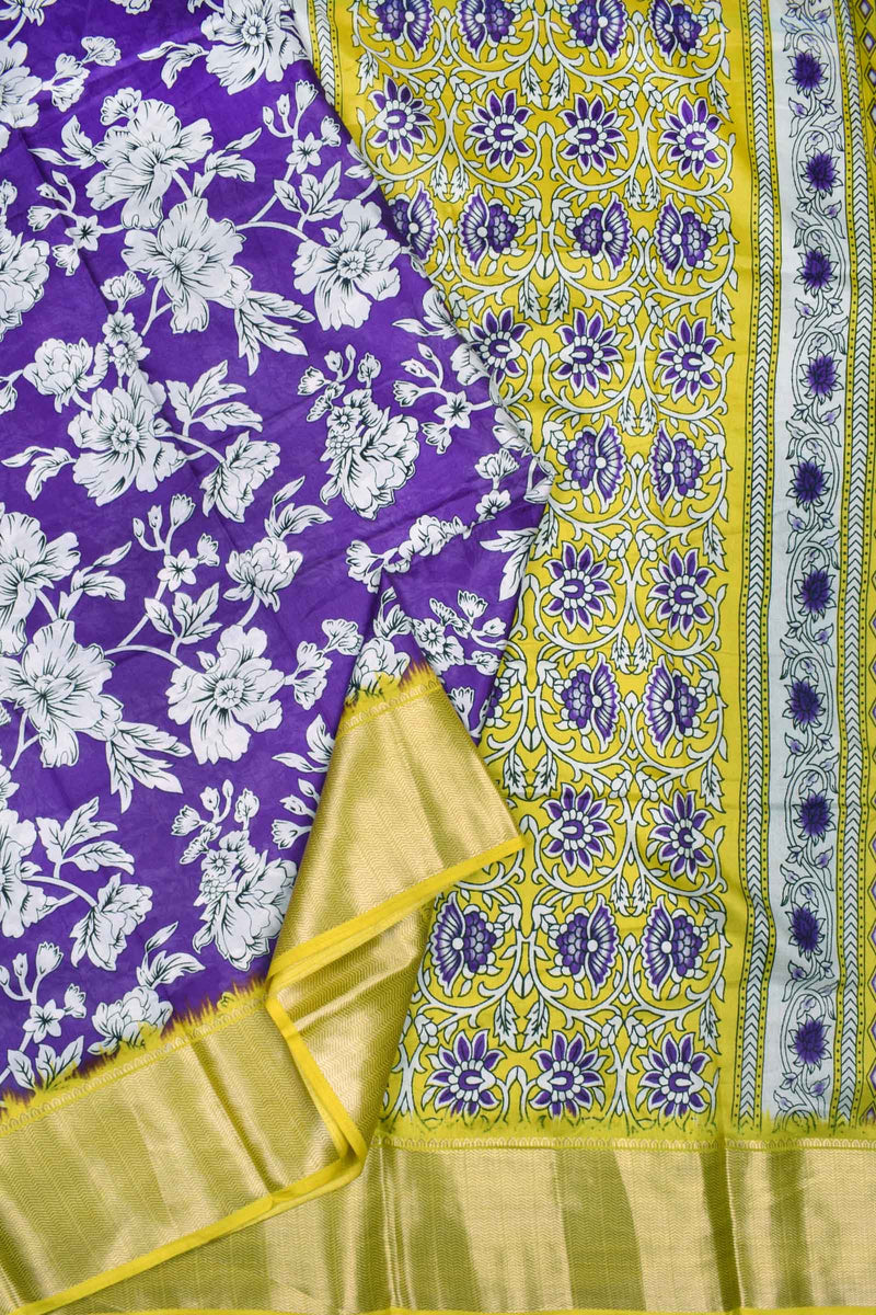 Violet Semi Dola Floral Printed Yellow Border Saree