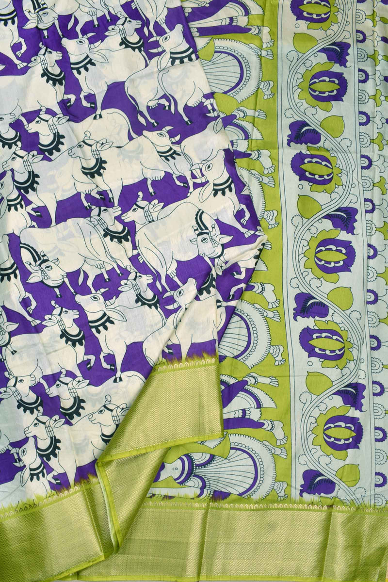 Violet and White Semi Dola All Over Royal Cow Printed Ethnic Pallu Green Border Saree