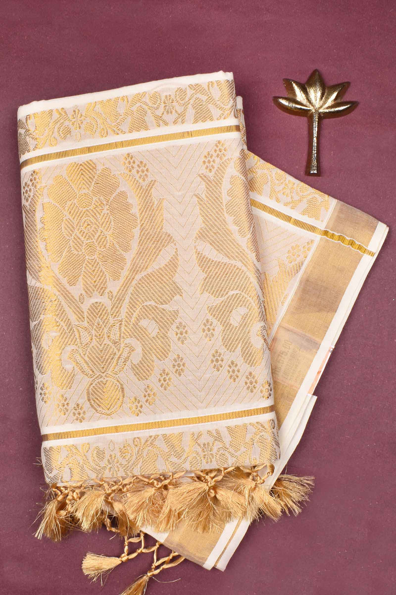 Off White Kerala Cotton Gold Zari Flower Pallu Design Saree