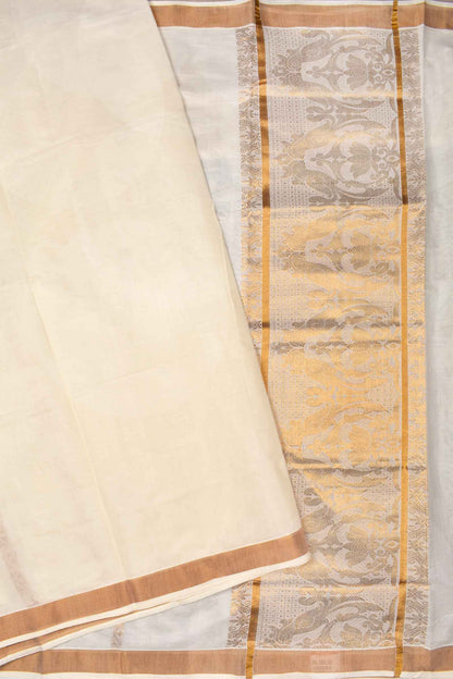 Off White Kerala Cotton Golden Parrot Pallu Design Saree