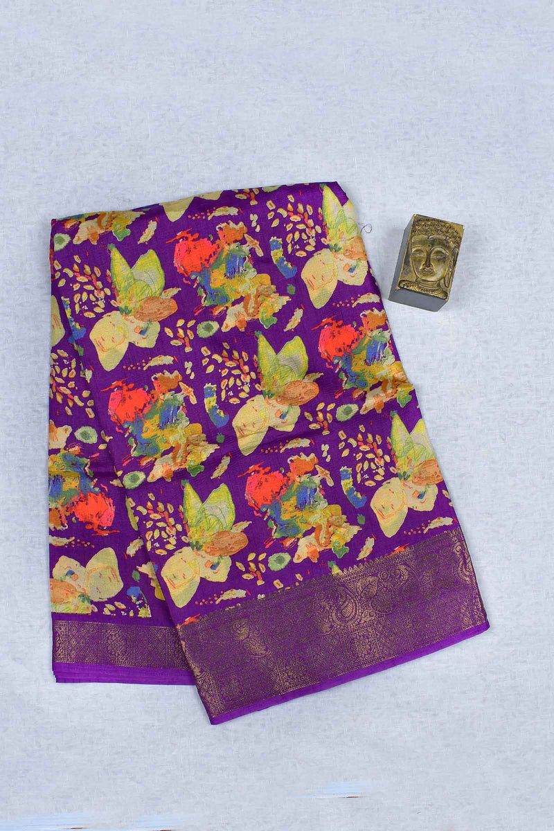 Dark Violet Semi Dola Multicolor Floral Printed Zari Border Saree