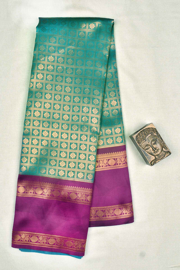 Greenish Blue Semi Silk All Over Checkered Design Print Violet Border Saree