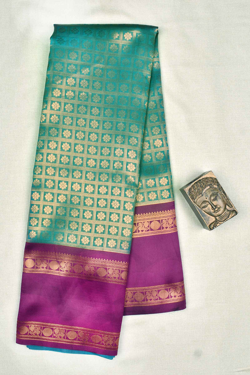 Greenish Blue Semi Silk All Over Checkered Design Print Violet Border Saree