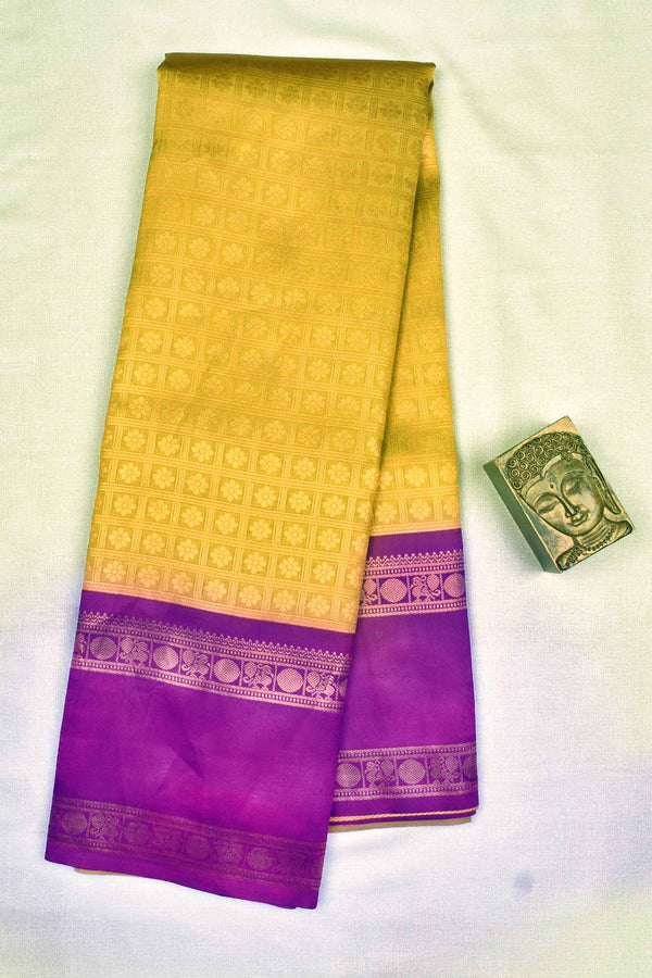 Gold With Green Semi Silk All Over Checks Violet Border Saree