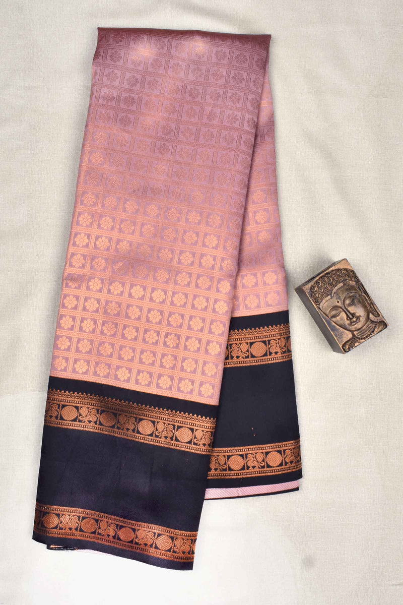 Light Pastel Pink Semi Silk Checkered Design Contrast Border Saree