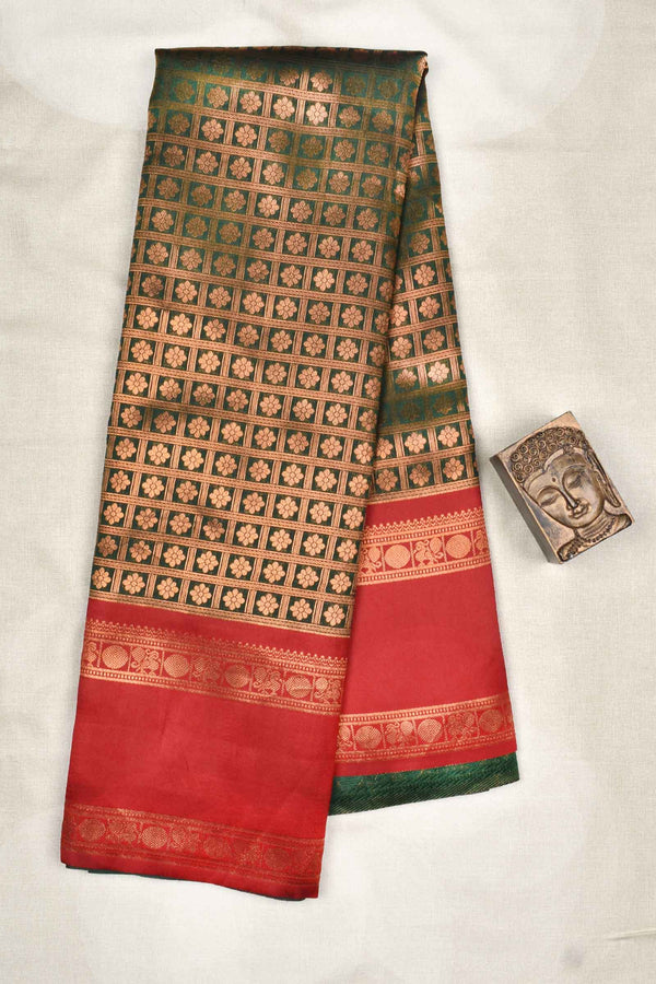 Green Semi Silk Checkered Design Contrast Red Border Saree