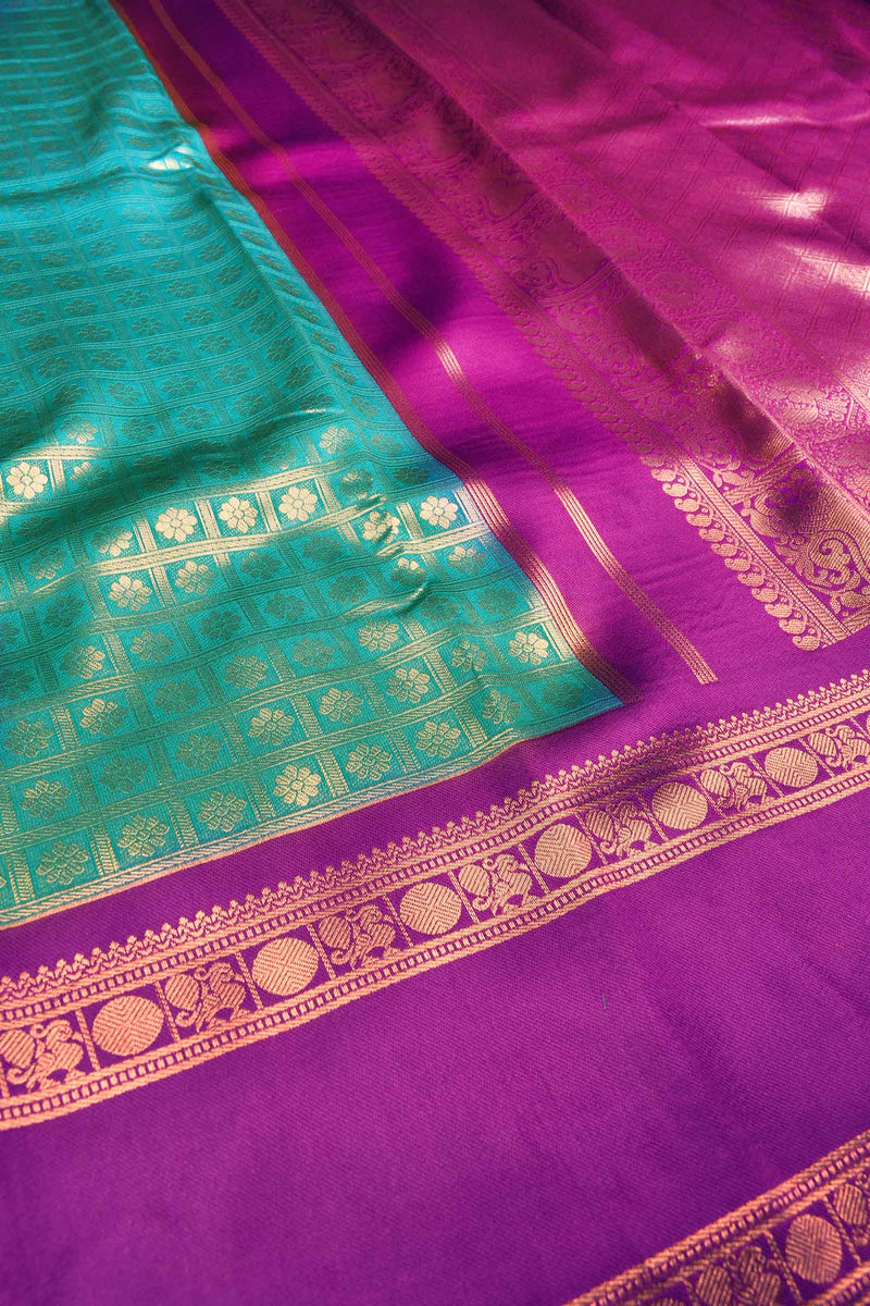 Greenish Blue Semi Silk All Over Checkered Design Print Violet Border Saree