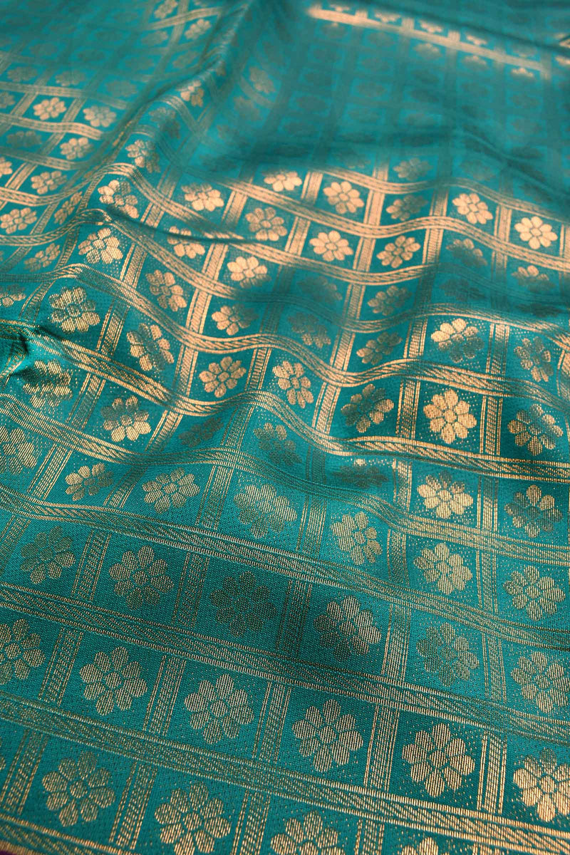 Greenish Blue Semi Silk All Over Checkered Design Print Violet Border Saree