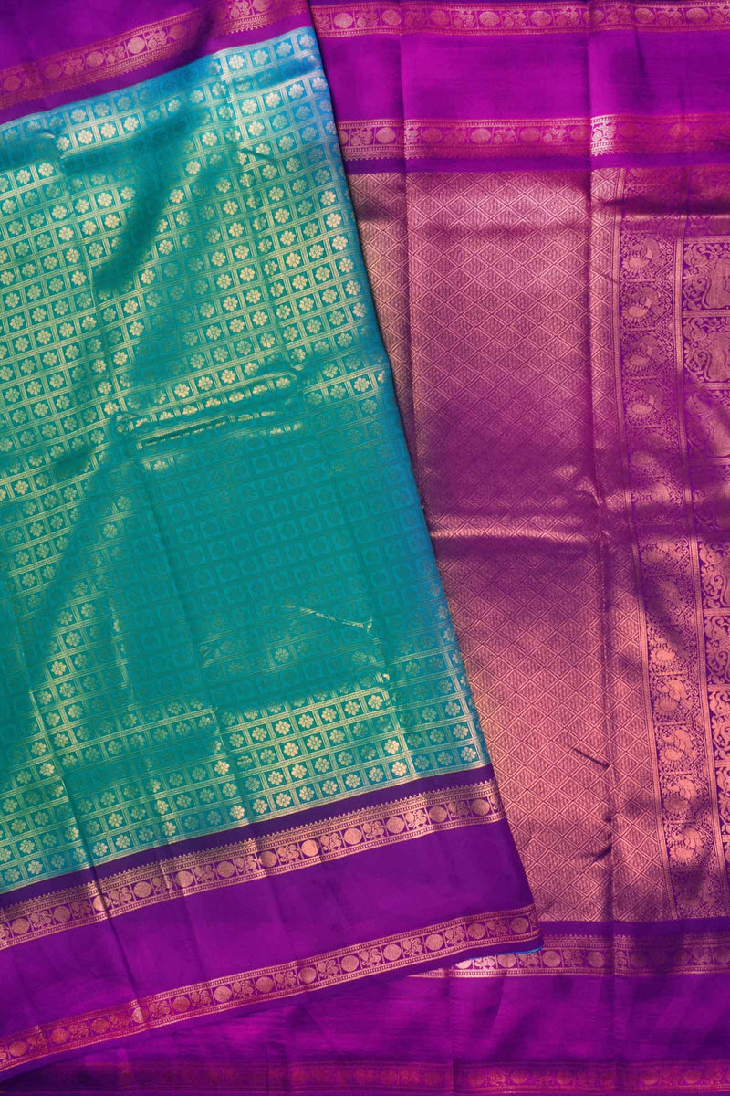 Greenish Blue Semi Silk All Over Checkered Design Print Violet Border Saree