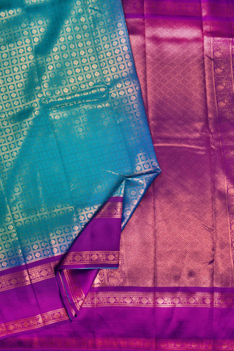 Greenish Blue Semi Silk All Over Checkered Design Print Violet Border Saree