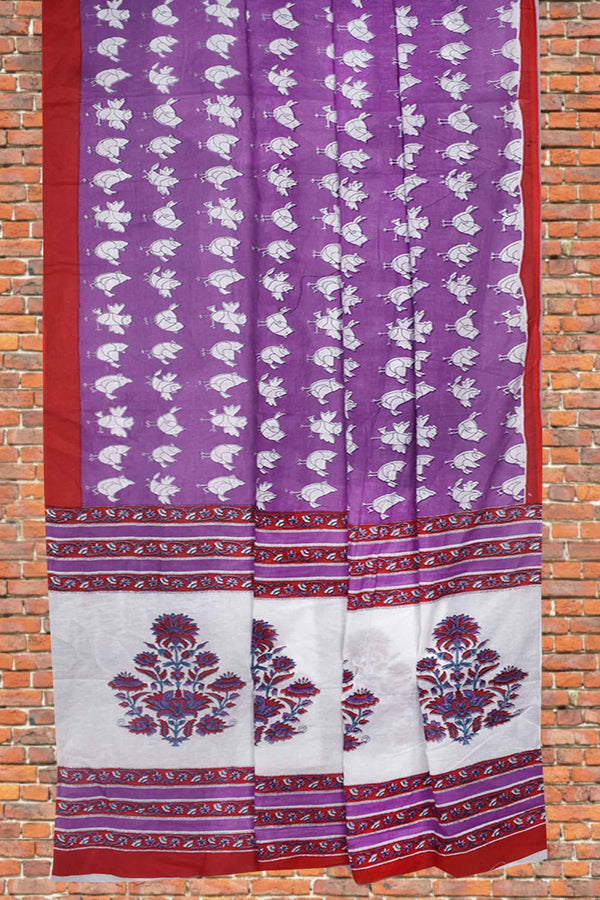 Violet Jaipur Mul Mul Cotton All Over Little Birds Printed Flower Pallu Saree