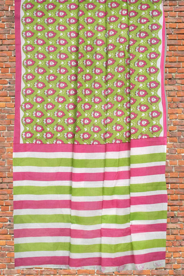 Green With Pink Jaipur Mul Mul Cotton Cartoon Lions Printed Sarees