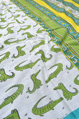 White With Green Pure Jaipur Mul Mul Cotton Quirky Crocodile Printed Saree