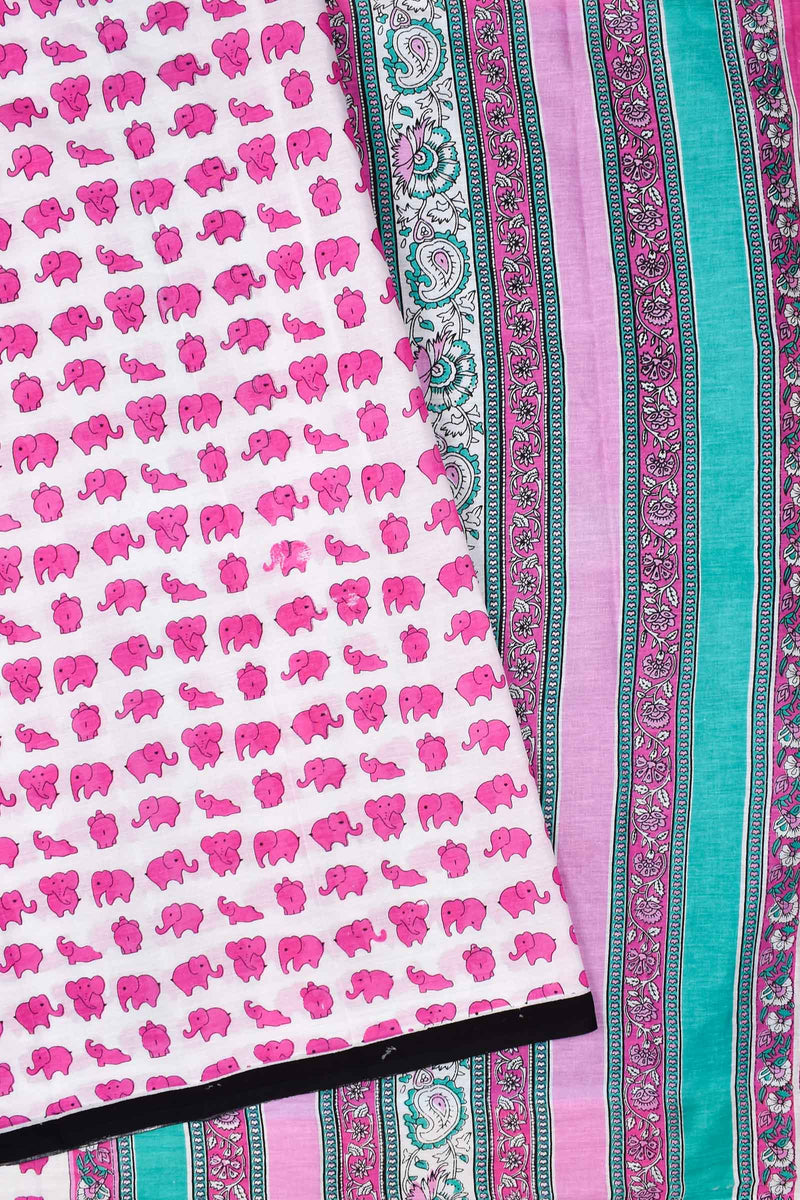 White With Pink Jaipur Mul Mul Cotton Pink Elephants Printed Saree