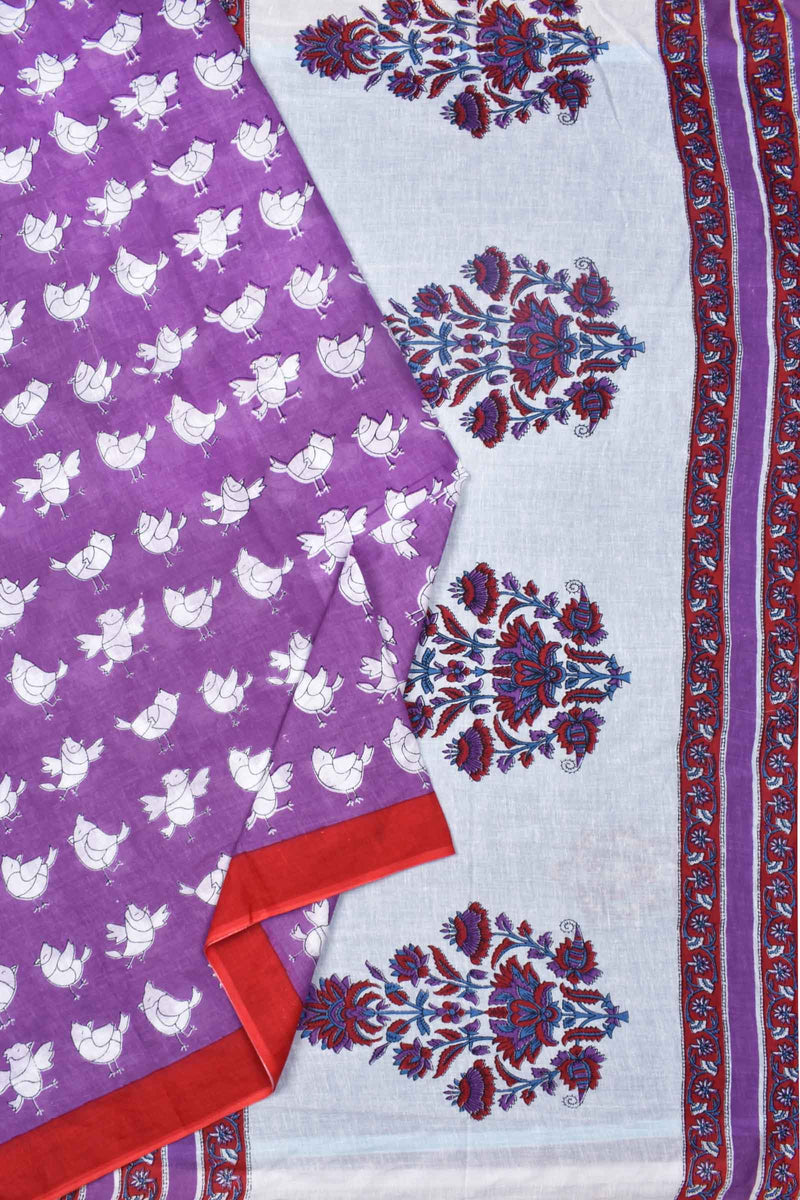 Violet Jaipur Mul Mul Cotton All Over Little Birds Printed Flower Pallu Saree