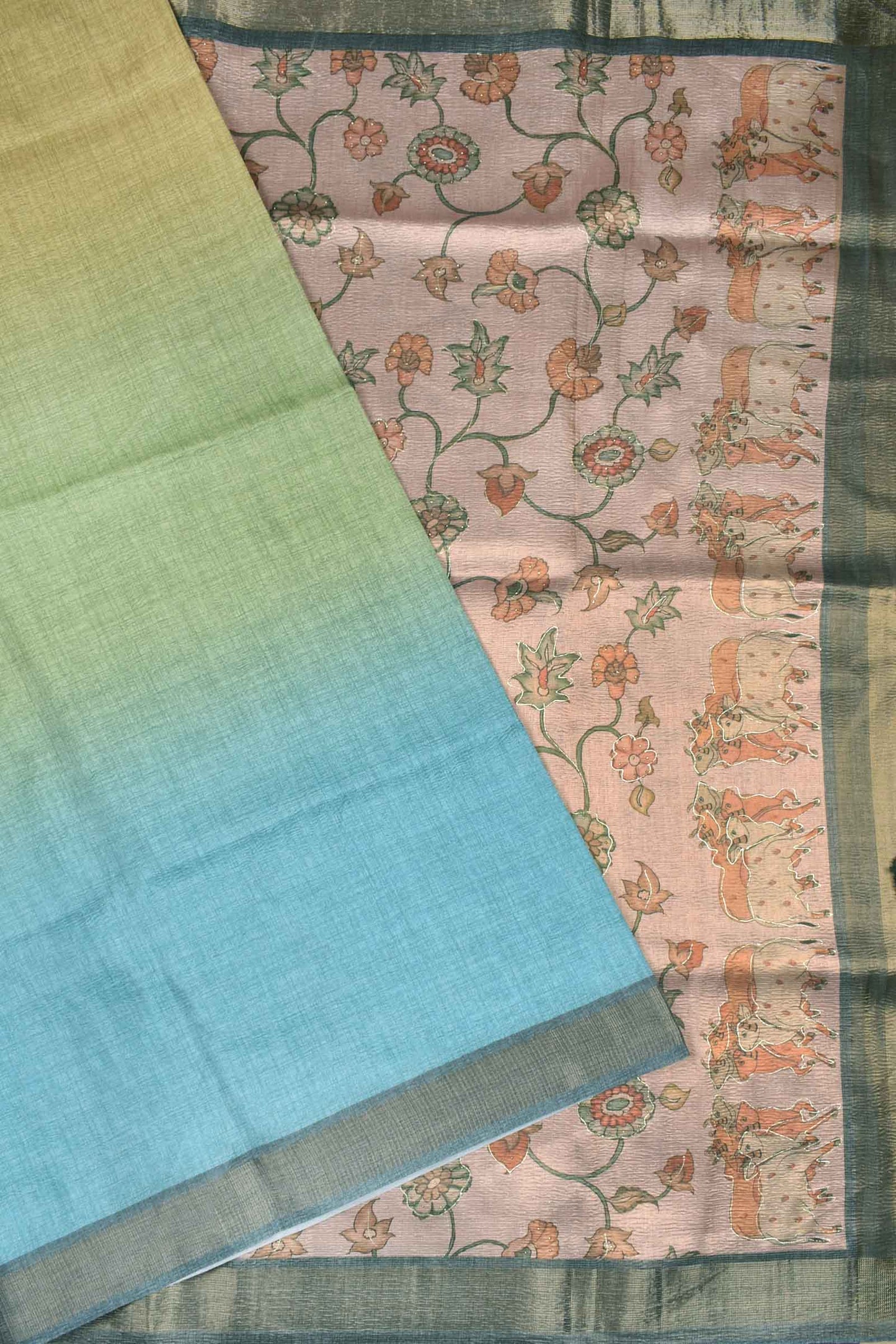 Light Blue Green Crush Tissue Rich Kalamkari Style Saree