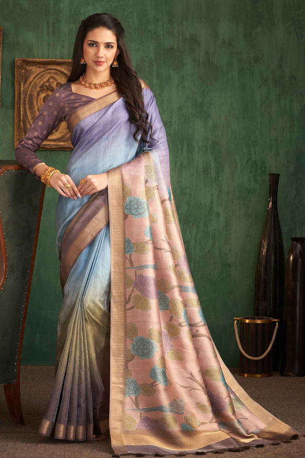 Light Purple Blue Crush Tissue Rich Parrot Pallu Saree